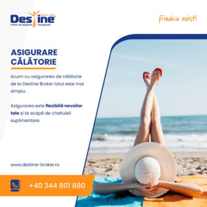 asigurarea de calatorie, doamna stand la plaja si text cu detaliile despre polita